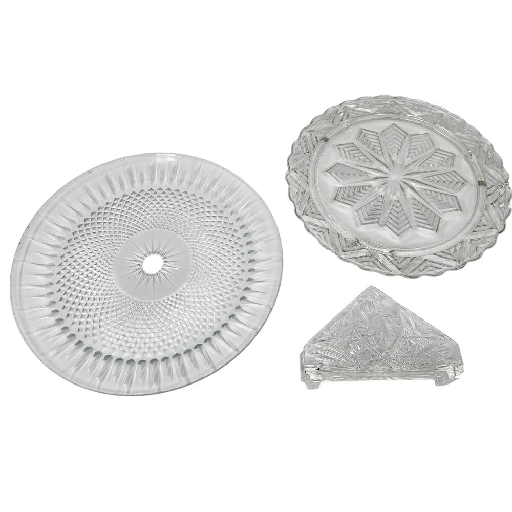Lot Of 3 Vintage Crystal Glass Round Diner Plated With Napkin Holder Dining Ware